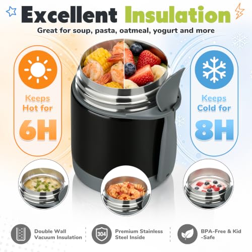 Image of Howeemo 10oz Soup Thermo for Hot Food Kids,Lunch Kids Jar with Spoon Insulated Containers,Leak Proof Stainless Steel Wide Mouth Lunch School(Black)