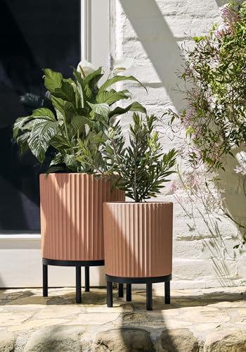 Image of Veradek Demi Series Raised Duo Planters - Set of 2 Planters with Stands | Made From a Durable Plastic-Stone Composite & Comes With Wooden Stand. Modern Porch /Patio Decor
