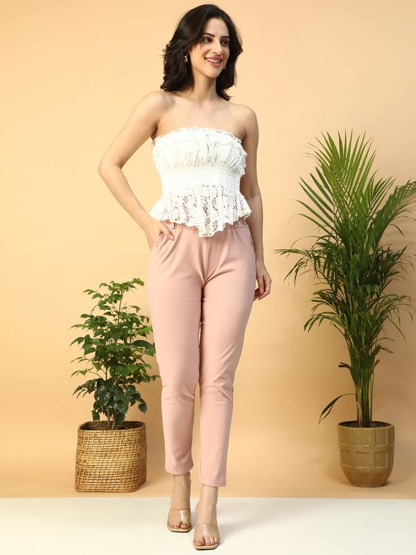 Image of oxolloxo Women White Elasticated with Tie-Up Detail Off - Shoulder Dobby Top