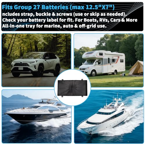 Image of Group 27 Battery Tray with Strap Heavy Duty Marine Battery Holder for Boat, RV, Automotive & More - Secure, Non-Slip Battery Box for Series 27 Batteries
