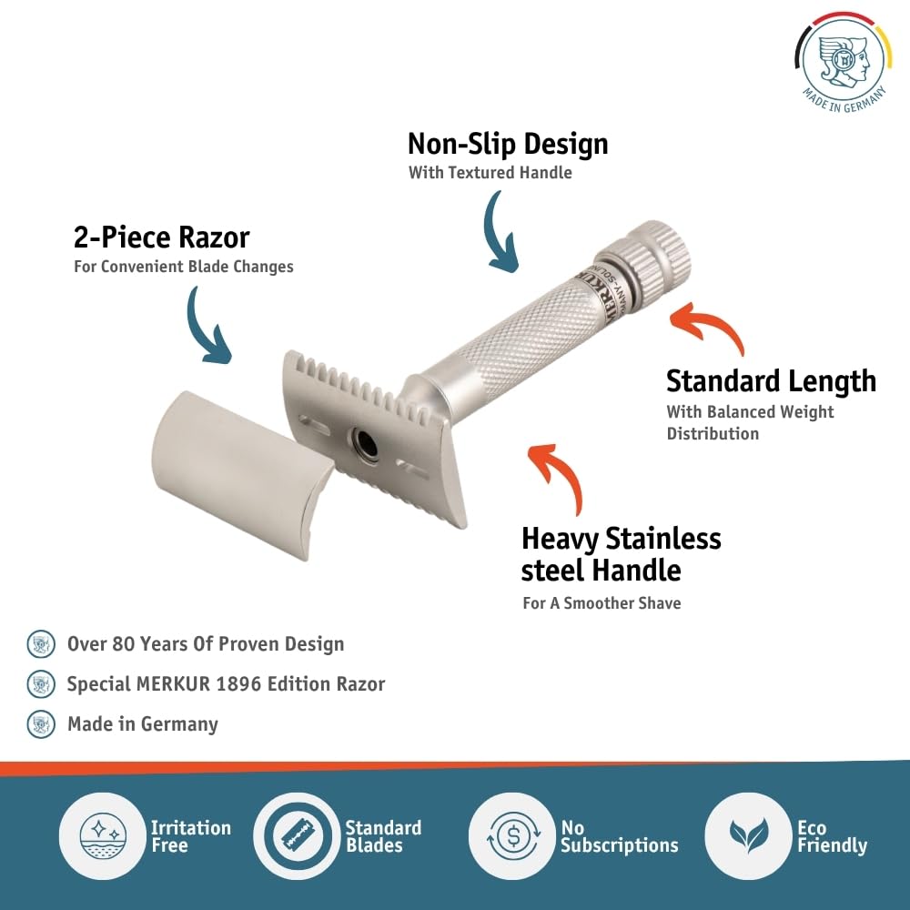 MERKUR 34 INOX 2-Piece Double-Edge Safety Razor for Men in Satin Stainless Steel with Short Handle and Open Tooth Comb — Made in Germany, Plastic-Free