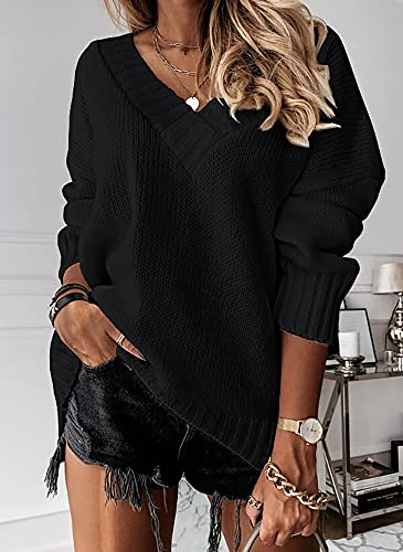 Image of Womens Loose Sweaters Sexy V Neck Long Sleeve Solid Knitted Jumper Pullover Sweatshirt Tops