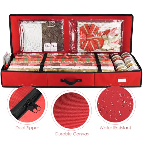 Image of Hearth & Harbor Wrapping Paper Storage Container - Christmas Storage Bag with Interior Pockets - Gift Wrap Organizer Fits Up to 22 Rolls of 40 inch - Tear Proof, Red