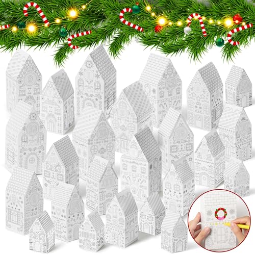 AsodSway Christmas Advent Calendar Boxes - 30P Christmas House Box DIY Craft Kit Candies Treats Xmas Empty Advent DIY Boxes to Fill 24 Days Christmas Advent Countdown Number Label Stickers Coated Paper House Gift Boxes