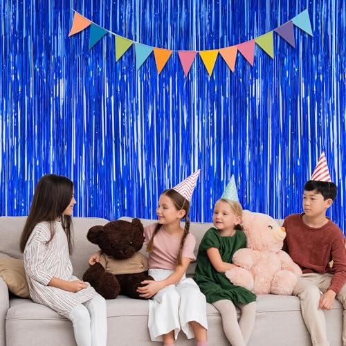 Image of ZATAYE 2 Pack Dark Blue Foil Curtain Backdrop Birthday Party Decorations | Dark blue, Metallic Foil, 3.28 x 7.05 FT, Tinsel Backdrop, Foil Curtain Streamer, Party Decorations