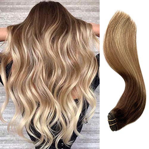 Sew in Weft Human Hair Brown Roots to Golden Brown with Blonde Highlights Real Hair Extensions for Women Brazilian Straight Remy Human Hair Bundles 100 Gram 20 Inch Ombre Balayage Weave Extensions