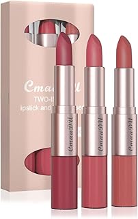 مجموعة أحمر شفاه وملمع 2 في 1 ، مخملي غير لامع مزدوج الرأس عالي الصبغة مكياج مقاومة للماء وتدوم طويلًا للنساء 3 قطع بين بيست ريد خوخي زهري بينك