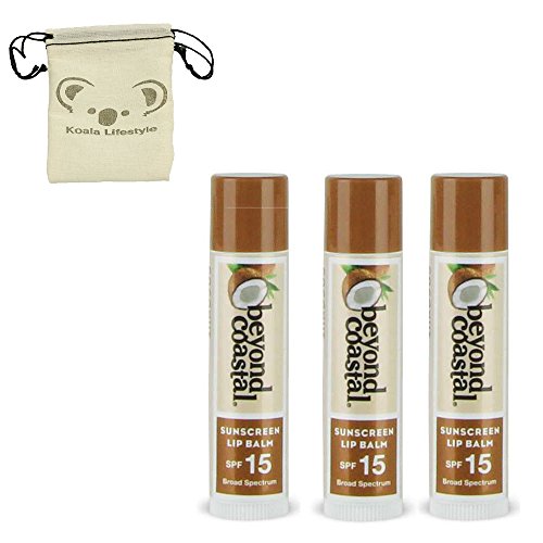 Beyond Coastal All Natural Coconut Lip Moisturizer Balm | Active Sun Protection SPF 15 | .15 Oz 3pk Bundle + Pouch = .45 Oz