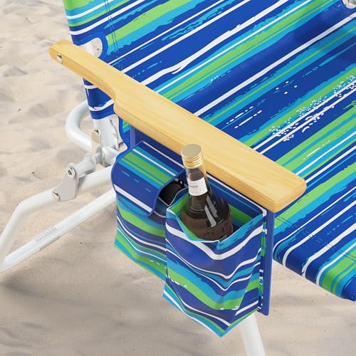 Tall Beach Chairs for Adults, 17" High Backpack Beach Chair with Wooden Armrests, 5 Positions Reclining Heavy Duty Chair with Large Cooler Pouch, Support to 350LBS Striped Blue&Green,2pack by Yestomo - Image 4