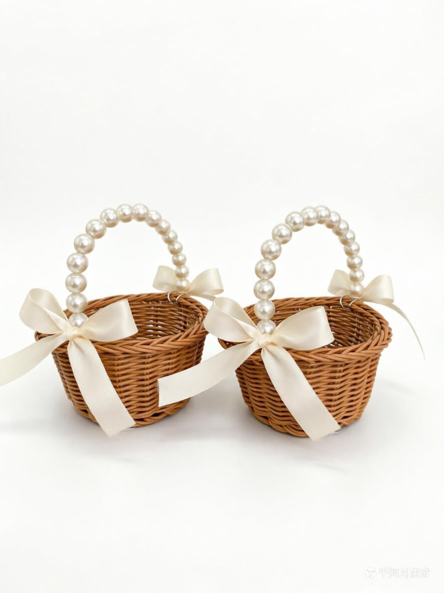 2pcs Wicker Flower Girl Basket,Pearl Handle Bowknot Plastic Flower Baskets For Wedding,Easter,Halloween Party Eggs Candy Baskets Flower Basket