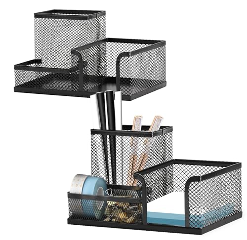 Moonlik Mesh Pen Holder Desk Organizer Set, Pencil Storage Holder with 3 Compartments, Office School Home Desktop Supplies, Desk Accessories for Paper Clip, Sticky Notes(2pack, Black)