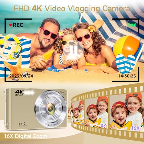 Image of Digital Camera, 2026 FHD 4K Autofocus Digital Camera with 64GB SD Card 16X Digital Zoom, Gold Cameras for Photography Portable Compact Point and Shoot Camera for Teens Adult Kids Gift