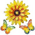 Meduofon Metal Flowers Wall Decor and Butterfly Wall Art, 3 Pack Metal Outdoor Wall Art Decor, Metal Fence Art Wall Sculptures for Indoor Outside Garden Patio Wall Decorations (Yellow&Green)
