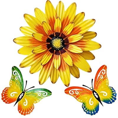 Meduofon Metal Flowers Wall Decor and Butterfly Wall Art, 3 Pack Metal Outdoor Wall Art Decor, Metal Fence Art Wall Sculptures for Indoor Outside Garden Patio Wall Decorations (Yellow&Green)