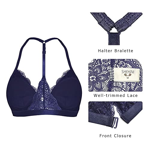 Image of SHEKINI Women's Lace Bra Wireless Padded Triangle Bralettes for Women Front Closure Halter Bras for Women