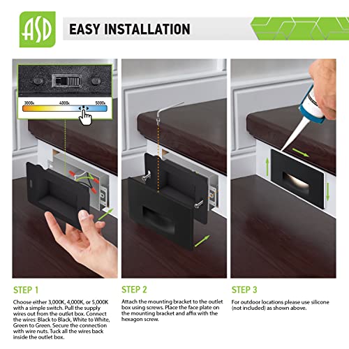 Asd Stair Lights Indoor Outdoor Waterproof, 3000K/ 4000K/ 5000K, 120V Dimmable Led Step Lights, Stainless Steel Body, Black Finish, 3W 114Lm, Etl Listed, 4 Pack #TOP7