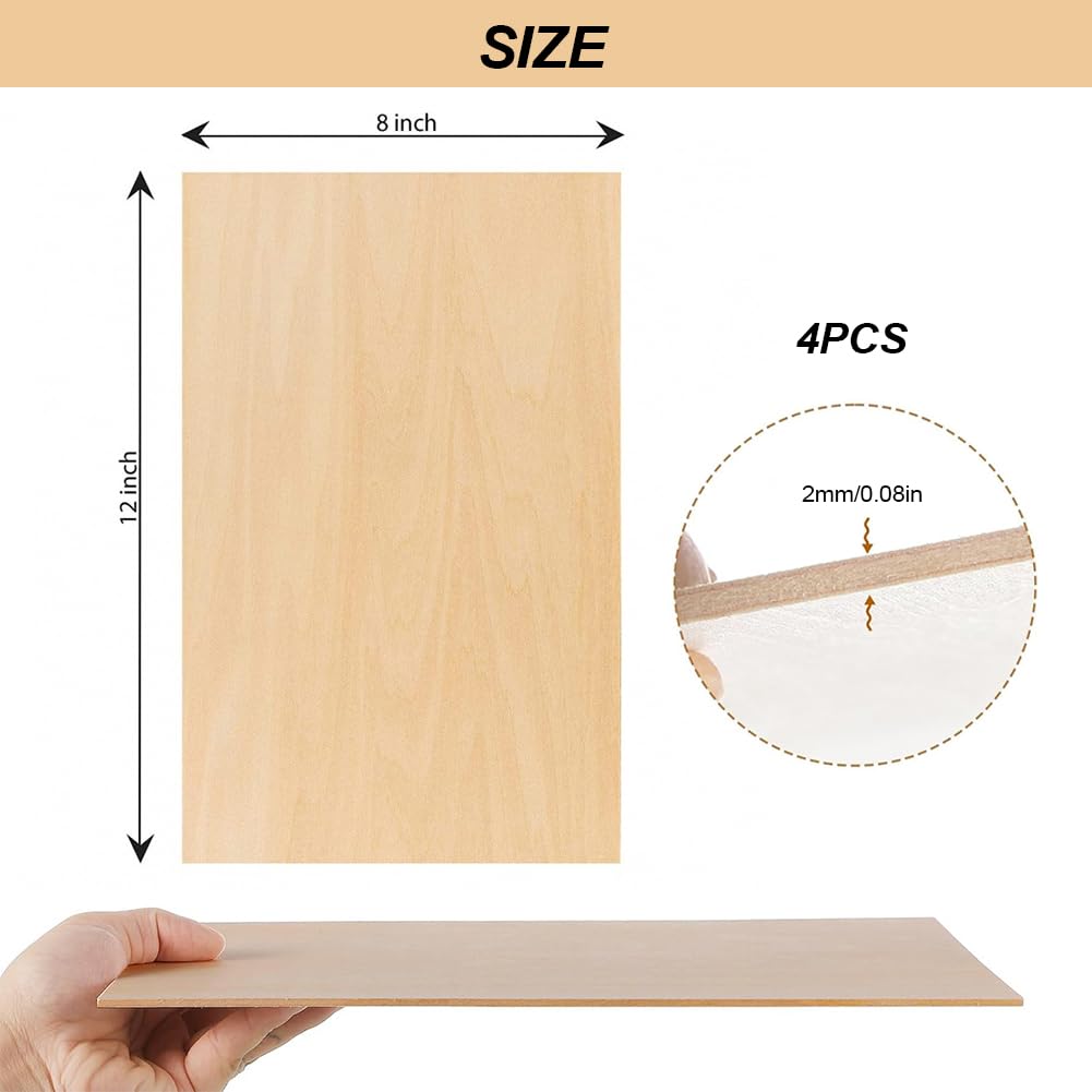 4 Pezzi Fogli di Legno Sottili, Foglio Compensato 2mm, Legno Compensato di Tiglio A4 20 x 30cm, Per fai da te Fatto a Mano, per Modellare, Pannelli Taglio Laser, Pirografia