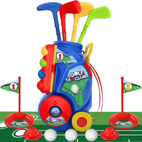 Image of Super Joy Toddler Golf Set with Mat, Kids Golf Cart with 4 Clubs & 8 Balls, Indoor Outdoor Kid Golf Clubs for 3-5 Boys Girls, Mini Golf Gifts for Baby 3-5 Years Old