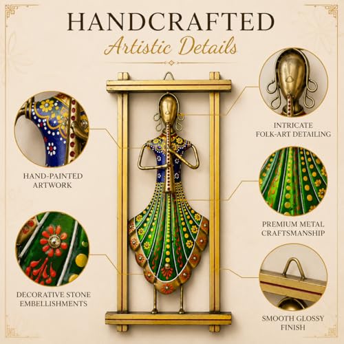 Image of iHandikart Handmade Metal Wall Art with Flute Player Design | Traditional Indian Musician Wall Hanging Decor | Hand-Painted Iron Wall Sculpture for Living Room & Bedroom Decoration | 13 x 7 Inch