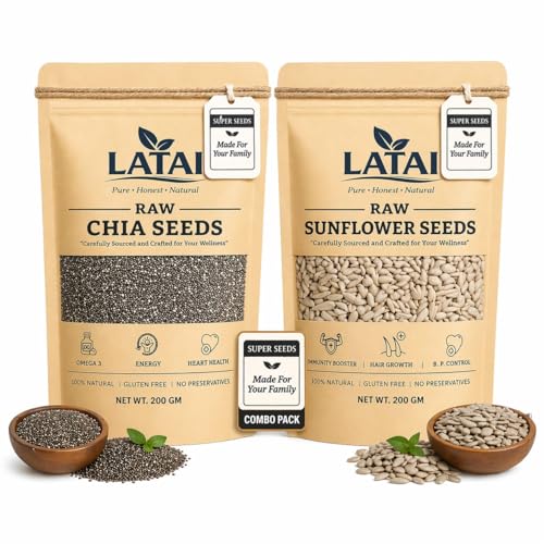 Image of LATAI Energy & Nutrition Seeds Combo Pack of 2 | Raw Chia Seeds & Sunflower Seeds | Naturally Rich in Omega 3, Protein, Fiber & Vitamin E | 200g Each (400g Total) | 100% Natural, Gluten Free