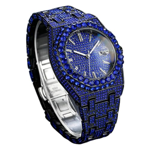 Montre à quartz noire homme tendance avec bracelet diamant et calendrier