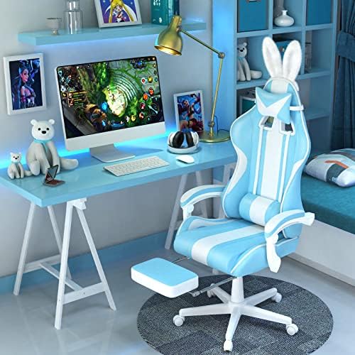 2. Bild von Ferghana Gaming Stuhl Massage Ergonomischer Gaming Sessel mit Fußstütze PC Stuhl Gaming Chair mit Kopfstütze und Lendenkissen Racing Computerstuhl mit Hasenohren Hellblau