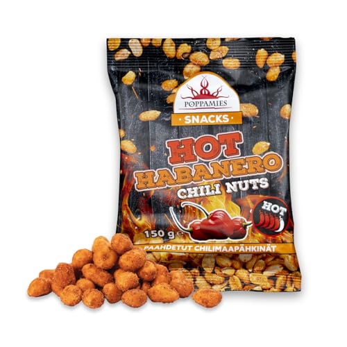 Poppamies Hot Habanero Chili nuts - Spicy Peanuts are Great choice for snacking - Gluten-Free Lactose-free Vegan - Spiciness: Hot - 150g
