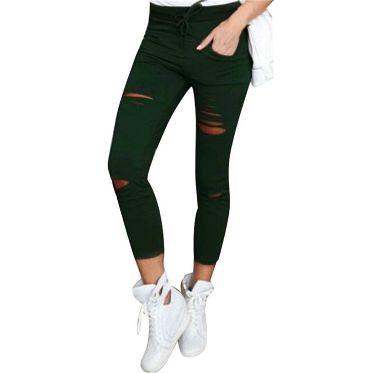Kaxiya2021 Womens Cutout Ripped Skinny Leggings High Waist Drawstring Distressed Workout Stretchy Slim Trousers Yoga Pants 3X-Large Dark