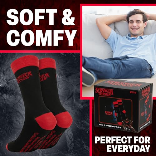 Image of Get Trend Stranger Things 11oz Mug and Socks Set, Crew Socks with Ceramic Coffee Mug Microwave Safe, Novelty Gifts for Men, Women, Teens (Red /Black Stranger Things)