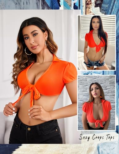Image of Avidlove Tie Front Crop Top for Women Deep V Neck Shirt Short Sleeve | Y2K rave outfit, adjustable coverage, soft stretch feel for festivals, beach trips, date night cosplay shirt
