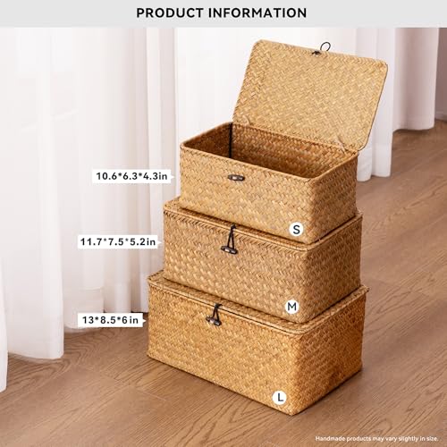 Nonam Storage Basket with Lid, Natural Seagrass Bin with Lid Set of 3, Shelf Baskets Multipurpose Container for Boho Decoration, Rectangular Household Storage Boxes for Home Organization-Natural - Image 3