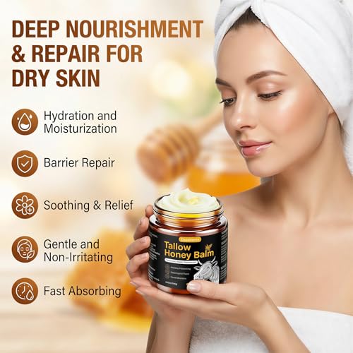 Omnifacile Beef Tallow for Skin,Face,Body - Handmade Whipped Tallow Face Moisturizer& Tallow Balm with 100% Grass-Fed Beef Tallow & Raw Honey,Narural Organic Tallow and honey balm for Men&Women,Unscented,4.23OZ