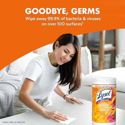 Image of LYSOL Disinfecting Wipes, All Purpose Cleaner, Multi-Surface Antibacterial Cleaning Wipes, Household Cleaning Supplies, Dorm Essentials, Mango & Hibiscus Scent, 80 ct.