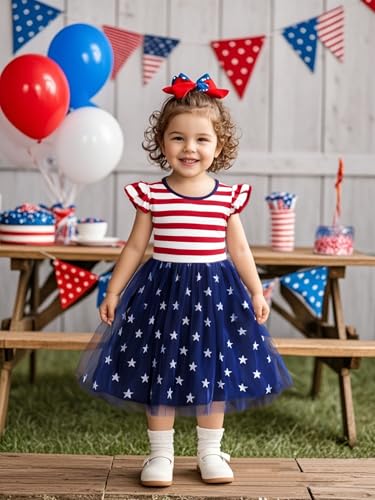 Magic Park 1-10Y Toddler Independence Day Dress Kids+ 4th of July Outfits Girls Patriotic Clothes Red White Blue Dresses3