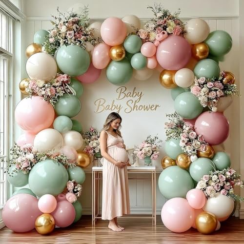 Image of Dusty Green Pink Balloon Arch Double Stuffed Pastel Baby Pink Light Green White Cream Balloon Metallic Gold Latex Balloons for Baby in Bloom Birthday Bridal Shower Wedding Summer Party Decorations