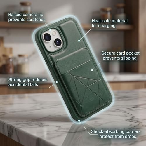 Image of amazon basics Premium Vegan Leather Back Cover with Card Holder and Integrated Mobile Stand for iPhone 15 - Slim Shockproof Wallet Case with Geometric Stitching [Green]