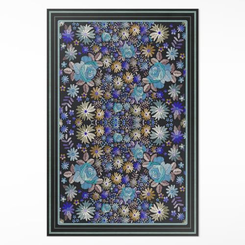 Alfombras de Vinilo 80x120 cm Rectangular para Cocina Salón y Dormitorio Decoración de Interiores de Material Sintético de Calidad Impermeable PCV Fácil Limpieza - Flores Azules y Doradas.