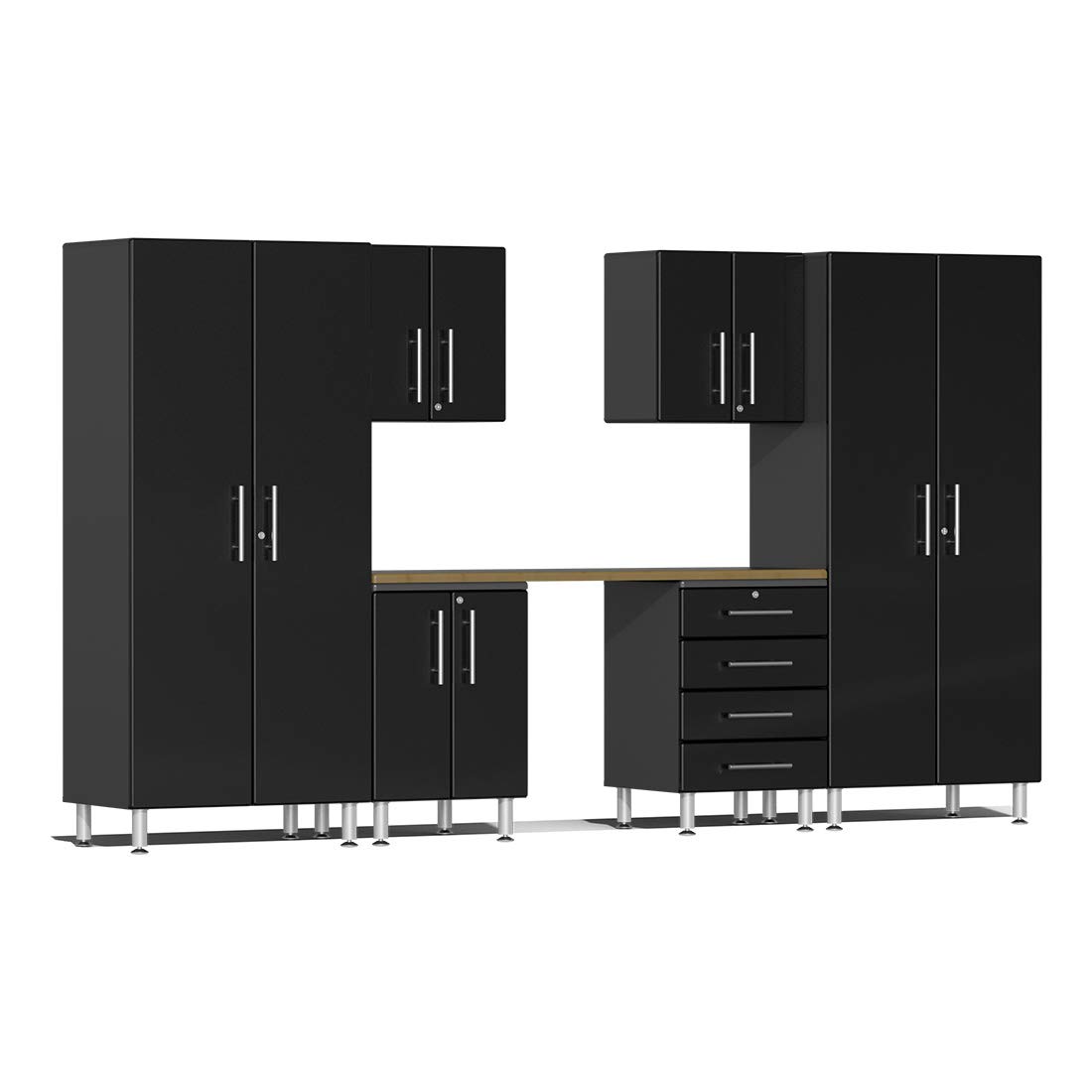 Ulti-MATE UG24072B 7-Piece Garage Cabinet Kit with Bamboo Worktop in Midnight Black Metallic