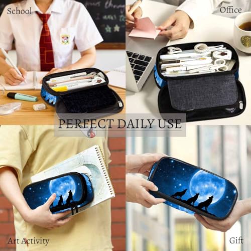 Image of Yekiua Wolf Pen Bag Mountain Wolves Full Moon Starry Sky Large Pencil Case Big Capacity Pencil Pouch Pencil Holder
