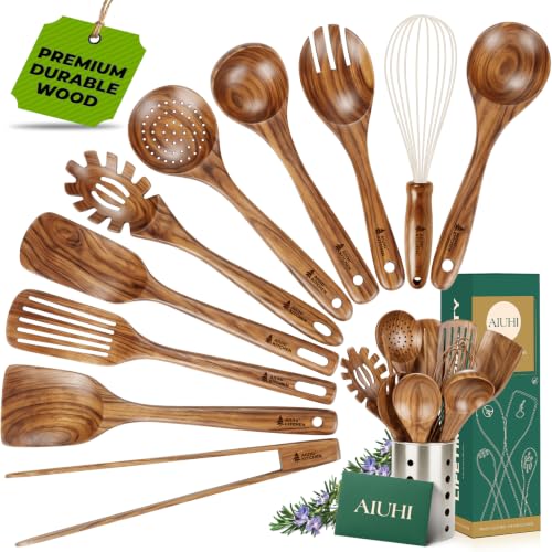 AIUHI 11-Piece Natural Teak Wood Kitchen Utensil Set with Holder, Wooden Spoons and Cooking Utensils...