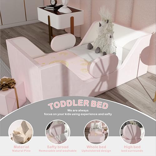 Toddler Bed, Child Bed for Kids with Extra Safty Broad, Standard Crib Size Toddler Bed, Certified Fabric Toddler Beds,Toddler Flood Bed (Mixed Pink&White)