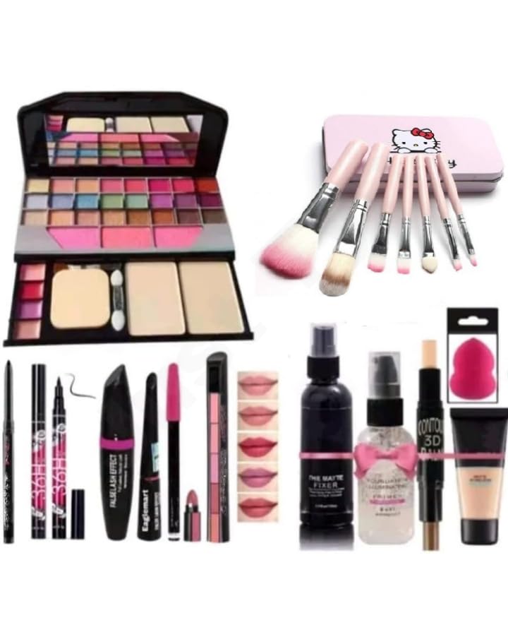 Just Tya | Professional Multicolor 6155 Makeup Kit with 7 Pink Makeup Brush, 1 Lipstick, Fixer, Primer, Contour, Foundation, 3in1 Eye Combo, 36H, Kajal and 1 Beauty blander-(Pack of 19)
