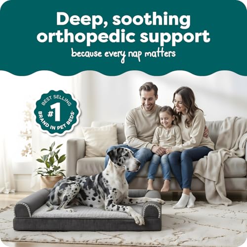 Image of FurHaven Orthopedic Dog Bed For Large Dogs, Sofa Contour Mattress with Solid Orthopedic Foam Slab for Joint Support, Removable Washable Cover, Jumbo Plus XXL, Faux Fur, Charcoal