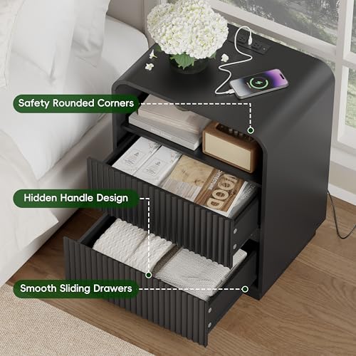 Image of Wodeer Black Nightstand with Charging Station, Mid Century Modern Bedside Table & End Table, Fluted Wood Small Night Stand with 2 Hidden Drawers and Storage Shelf for Bedroom