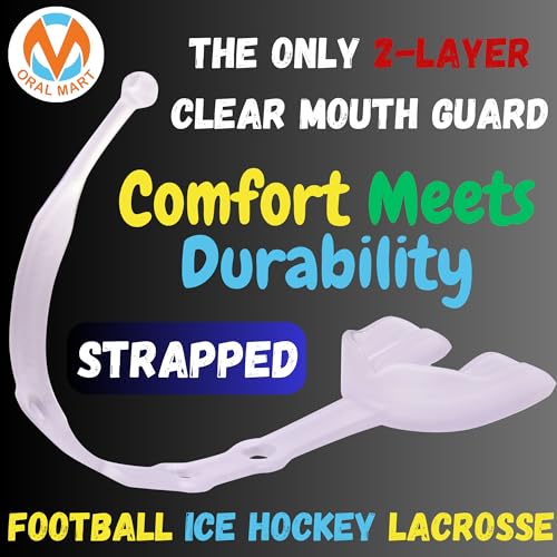 Image of Oral Mart 2024 (Clear /Clear) Strapped Youth Mouth Guard for Kids (The Only 2-Layer Clear Mouth Guard) Comfort Meets Durability - Mouthguard with Connected Strap for Football, Ice Hockey, Lacrosse
