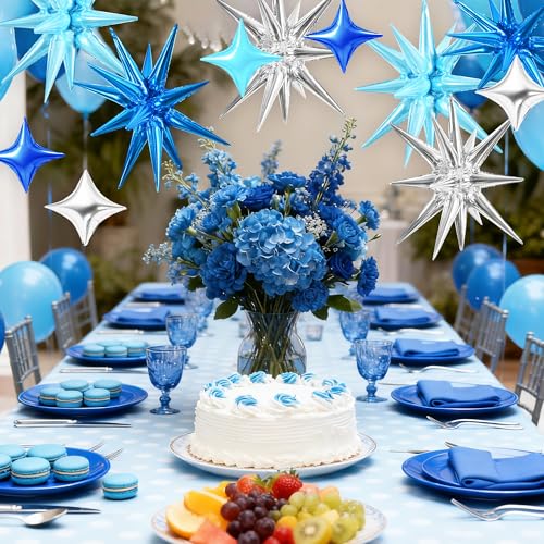 TONIFUL 18Pcs 22Inch Blue Silver Large Explosion Star Mylar Balloons and 10Inch Four Pointed Star Balloons Set for Christmas New Year Birthday Wedding Bridal Shower Anniversary Photo Booth Supplies - Image 5