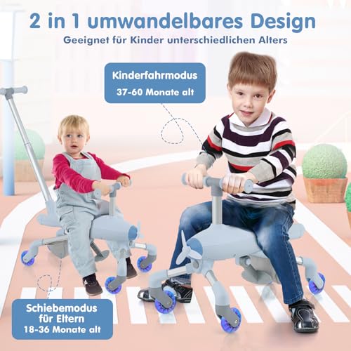 COSTWAY Dreirad mit Schubstange, 2 in 1 Schiebeauto & Rutschauto mit LED Rädern, Laufrad in Flugzeugoptik für Kleinkind ab 18 Monaten, Kinderdreirad mit Pedal und Stauraum, bis 50kg belastbar (Blau) – Bild 4