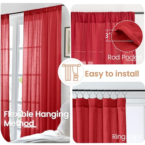 Image of BGment Red Linen Curtains 54 Inch Length for Bedroom Window, Semi Sheer Drapes Lightweight Rustic Textured for Living Room Farmhouse with Rod Pocket, 2 Panels Set, Each 42 Inch Wide