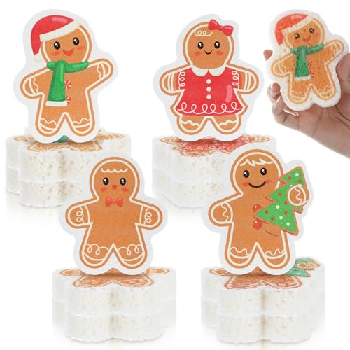 Image of Layhit 12 Pcs Christmas Dish Sponges Cute Kitchen Non Scratch Scrub Sink Sponges Wood Pulp Reusable Household Cleaning Cloth for Kitchen Dishes Furniture(Gingerbread Man)