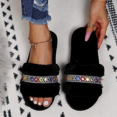 Hbeylia Fuzzy Slippers For Women Boho Ethnic Fluffy Furry Plush Fur Open Toe Slip On Flats House Slippers Bohemian Non Slip Beach Home Slides Dress Sliders For Ladies Indoor Outdoor Winter Fall4
